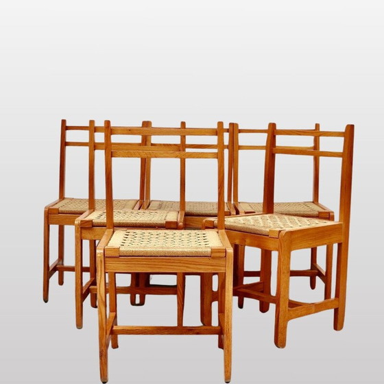 Image 1 of Set van 6 vintage stoelen van hout en touw, Italië 1960