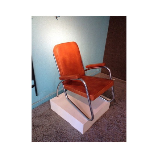 Vintage modernistische fauteuil in leer en chroom, 1940