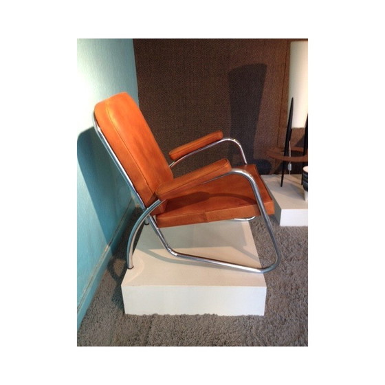 Image 1 of Vintage modernistische fauteuil in leer en chroom, 1940
