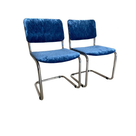 Image 1 of Paar vintage stoelen "Cesca" in blauw fluweel, Italië 1970
