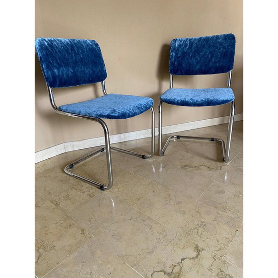 Image 1 of Paar vintage stoelen "Cesca" in blauw fluweel, Italië 1970