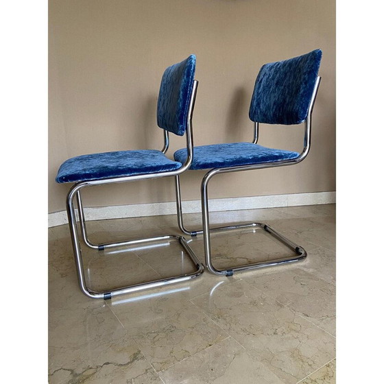 Image 1 of Paar vintage stoelen "Cesca" in blauw fluweel, Italië 1970