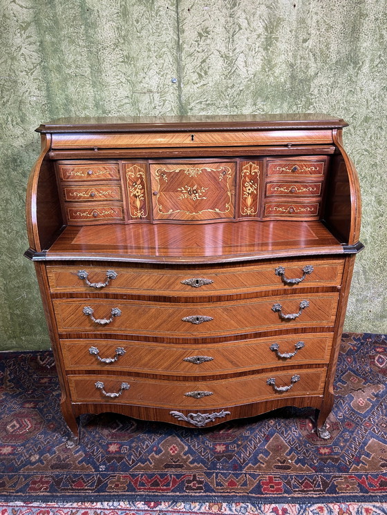 Image 1 of vintage Brocante ingelegd rolltop bureau 1920-1930