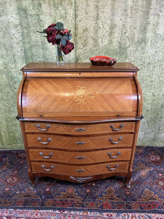 Image 1 of vintage Brocante ingelegd rolltop bureau 1920-1930