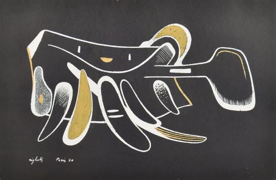 Image 1 of Renato Righetti (1905-1982) - Composition Abstract - Olieverf op papier - 34 x 50 cm