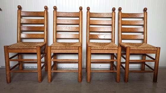 Image 1 of 4x vintage eiken en riet stoelen