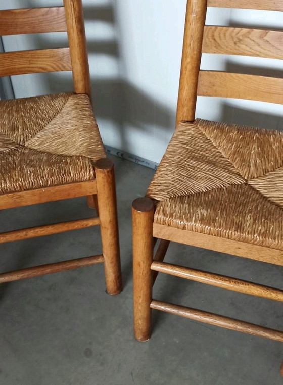 Image 1 of 4x vintage eiken en riet stoelen