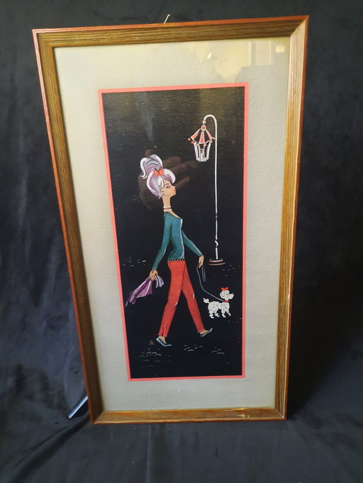 Vintage 1950S Print Meisje Met Hond Ingelijst Met Glas