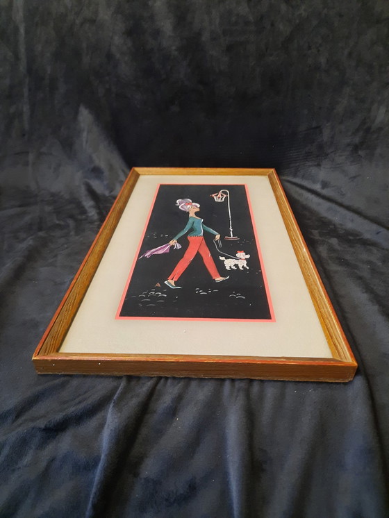 Image 1 of Vintage 1950S Print Meisje Met Hond Ingelijst Met Glas