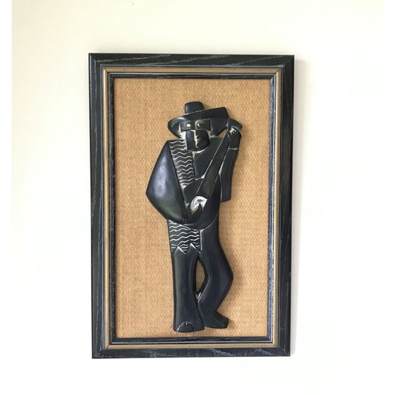 Image 1 of Vintage laag reliëf "Mexicaanse muzikant met gitaar" in gips