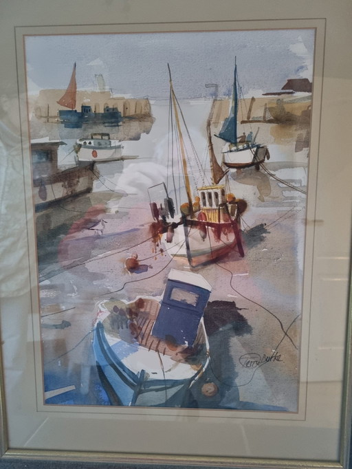 Schilderij Haven Zuid Engeland Terry Burke Aquarel Met Lijst