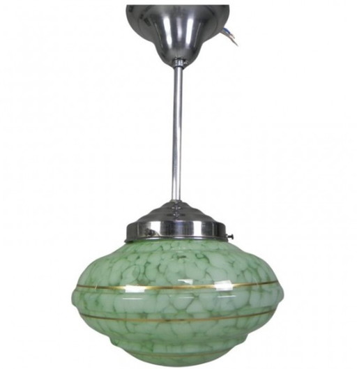 Art Deco hanglamp met groen gewolkt glazen kap, jaren 1930