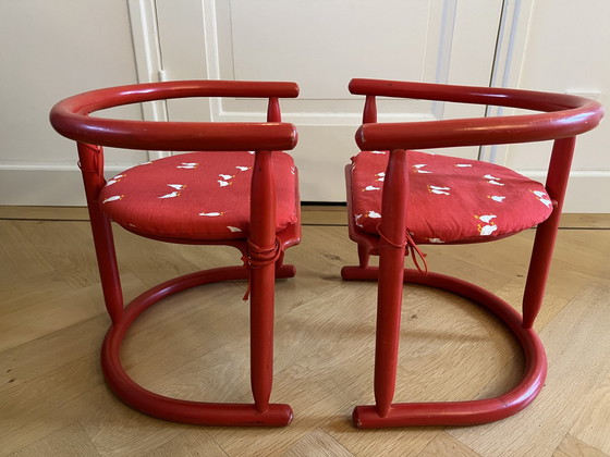 Image 1 of 2X Vintage Rode Ikea Kinderstoelen Anna Van Karin Mobring (1963) Met Origineel Zitkussen