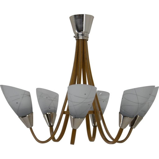 Mid Century kroonluchter van hout en glas van Dřevo Humpolec, Tsjecho-Slowakije 1960