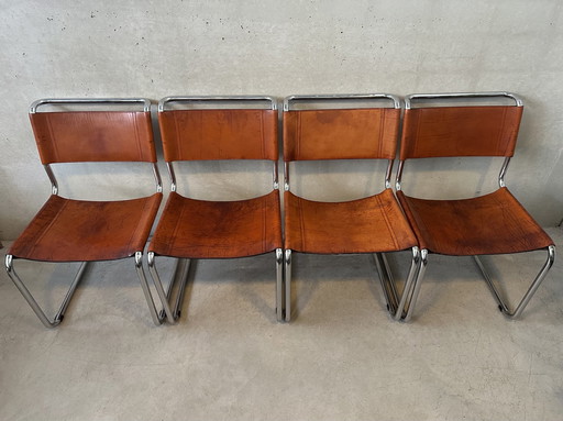 4x sledestoelen / eetkamerstoelen cognackleur