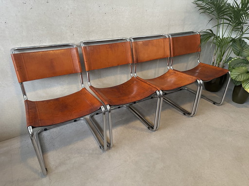 4x sledestoelen / eetkamerstoelen cognackleur