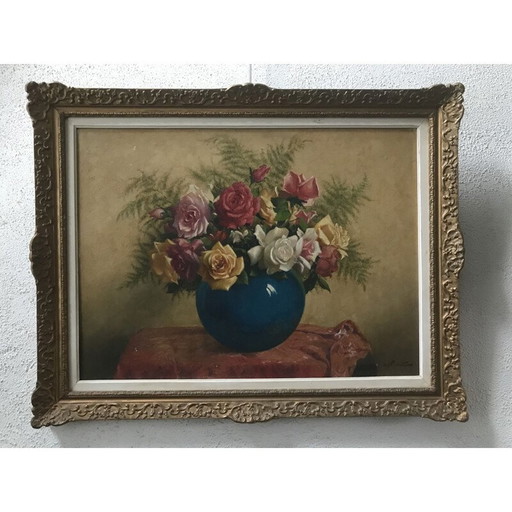 Olieverf op paneel vintage "Boeket bloemen" door L.Noireaut