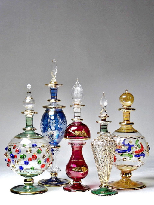 Set van 5 Vintage Egyptische Glazen Parfumflessen