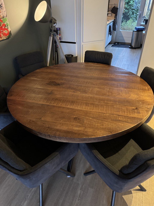 Ronde Mangohout Tafel Incl. 6 Stoelen 