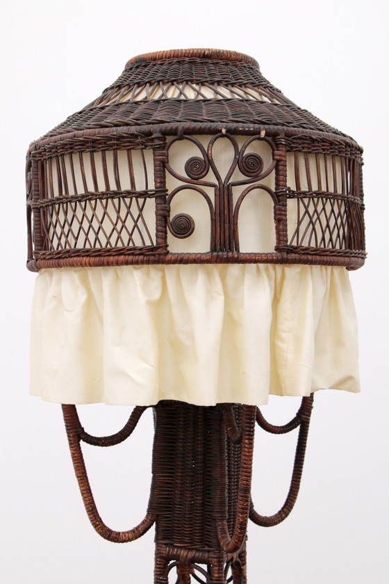 Image 1 of Bamboe Vloerlamp met Stoffenkap - Vintage Uitstraling uit de Jaren 50