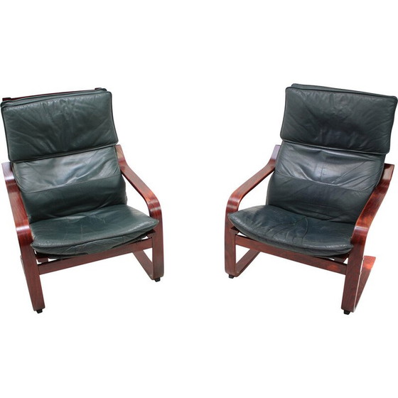 Image 1 of Paar vintage leren en houten fauteuils voor Ikea, Zweden 1980
