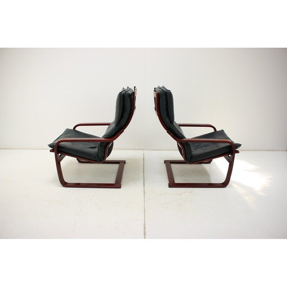Image 1 of Paar vintage leren en houten fauteuils voor Ikea, Zweden 1980