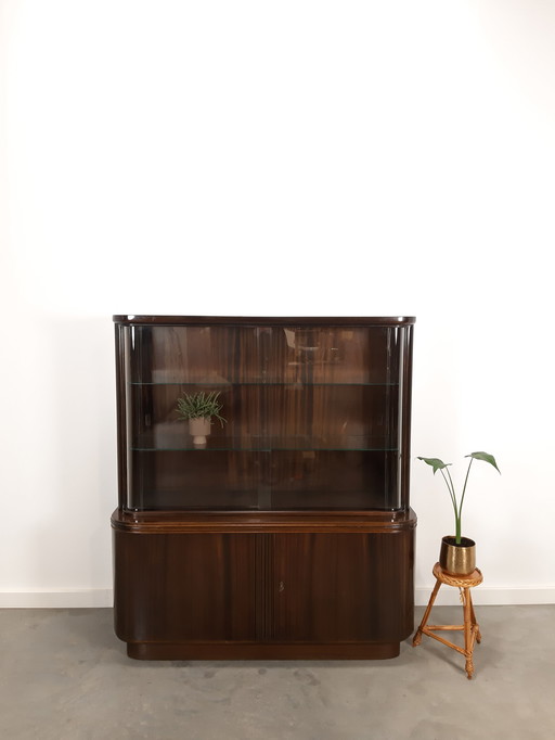 Vintage art deco donker fineer vitrinekast