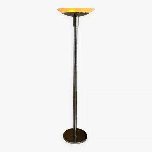 Modernistische Vintage Vloerlamp " Model 44 " Perzel Verchroomd Metaal en Gezandstraald Glas