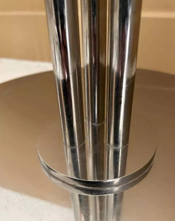 Image 1 of Modernistische Vintage Vloerlamp " Model 44 " Perzel Verchroomd Metaal en Gezandstraald Glas