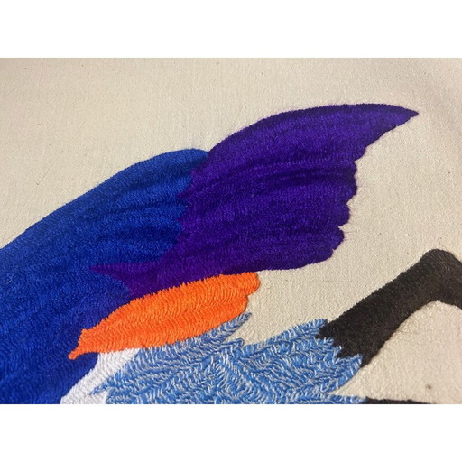 Vintage vogeltapijt op gespannen katoen, 1970