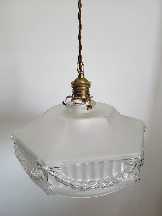 Image 1 of Art nouveau hanglamp, frosted glas met decor strikken en messing armatuur