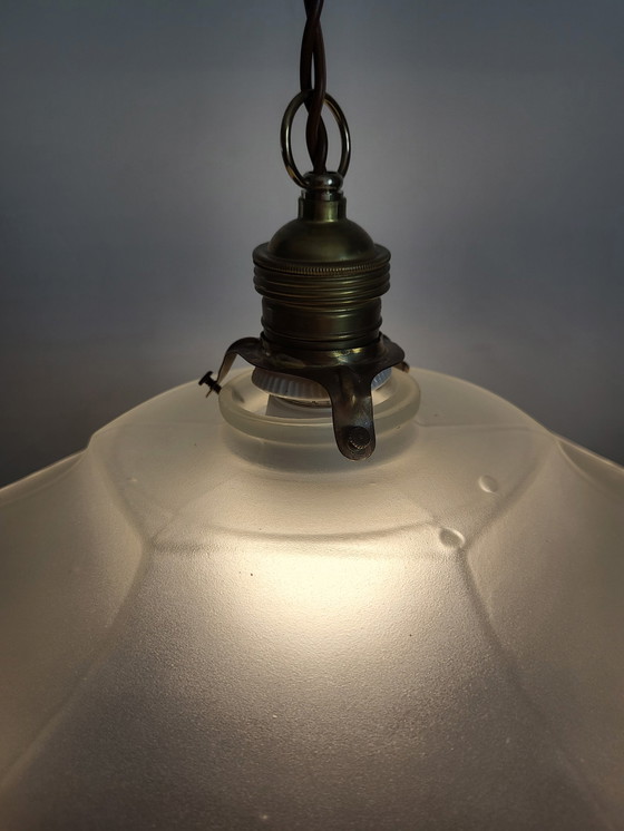 Image 1 of Art nouveau hanglamp, frosted glas met decor strikken en messing armatuur