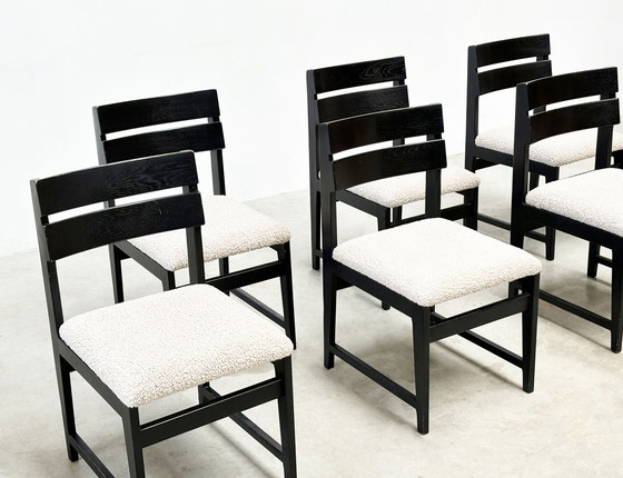 Image 1 of set van zes brutalistische Belgische eetkamerstoelen