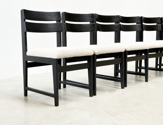 Image 1 of set van zes brutalistische Belgische eetkamerstoelen