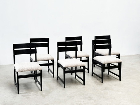 Image 1 of set van zes brutalistische Belgische eetkamerstoelen