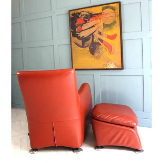 Image 1 of Mid Century leren fauteuil en voetenbank burnt orange van Gerard Van Den Berg