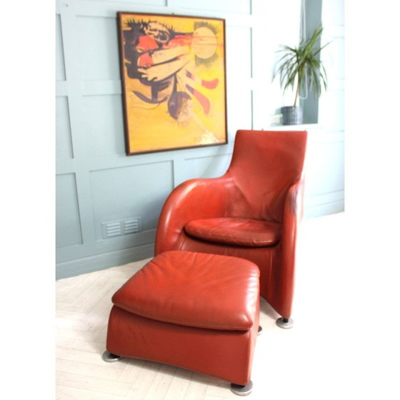 Image 1 of Mid Century leren fauteuil en voetenbank burnt orange van Gerard Van Den Berg