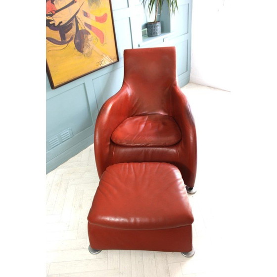 Image 1 of Mid Century leren fauteuil en voetenbank burnt orange van Gerard Van Den Berg