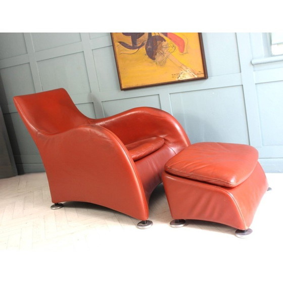 Image 1 of Mid Century leren fauteuil en voetenbank burnt orange van Gerard Van Den Berg