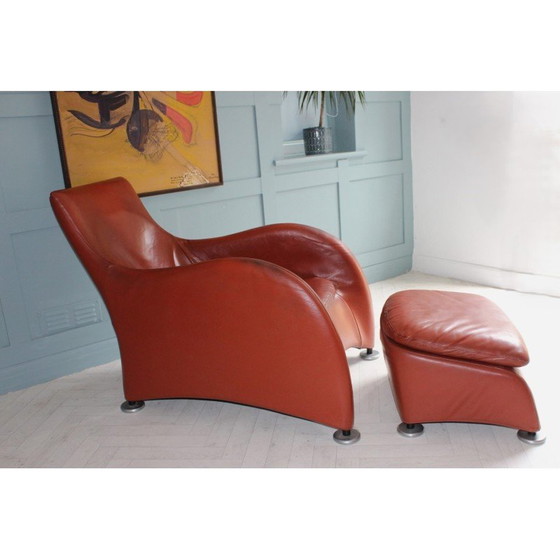 Image 1 of Mid Century leren fauteuil en voetenbank burnt orange van Gerard Van Den Berg