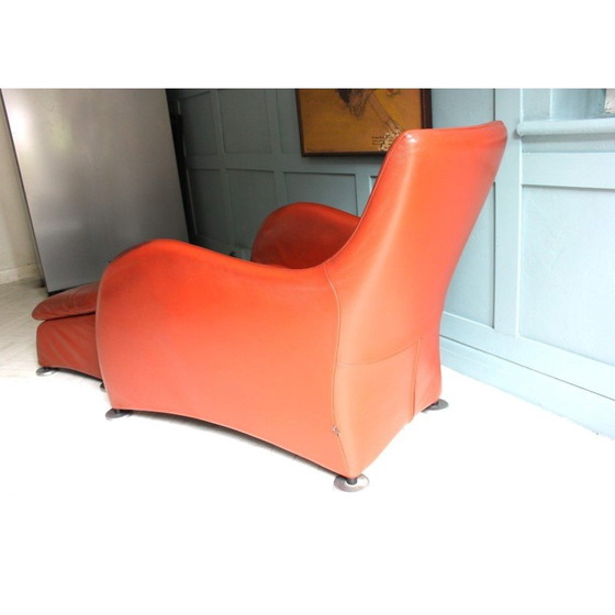 Image 1 of Mid Century leren fauteuil en voetenbank burnt orange van Gerard Van Den Berg