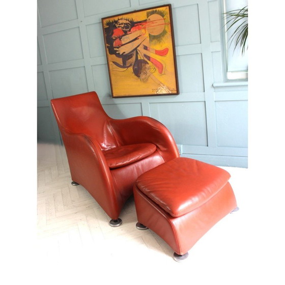 Image 1 of Mid Century leren fauteuil en voetenbank burnt orange van Gerard Van Den Berg