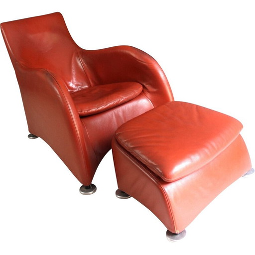 Mid Century leren fauteuil en voetenbank burnt orange van Gerard Van Den Berg