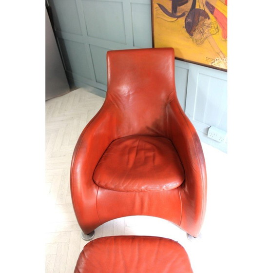 Image 1 of Mid Century leren fauteuil en voetenbank burnt orange van Gerard Van Den Berg