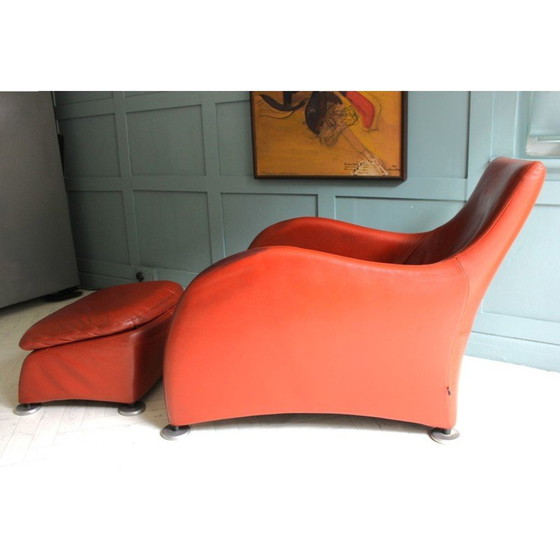 Image 1 of Mid Century leren fauteuil en voetenbank burnt orange van Gerard Van Den Berg