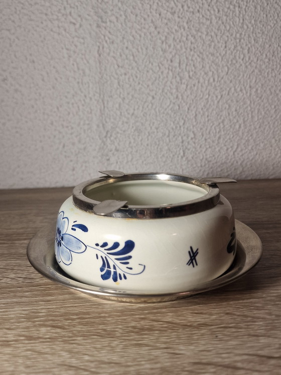 Image 1 of Zeldzame Delfts Blauw Dovo Holland Porseleinen Chrome Asbak