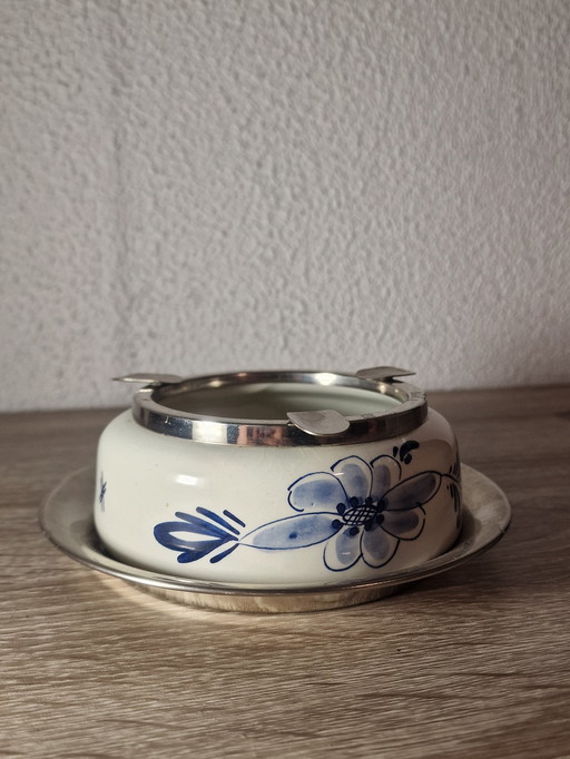 Zeldzame Delfts Blauw Dovo Holland Porseleinen Chrome Asbak