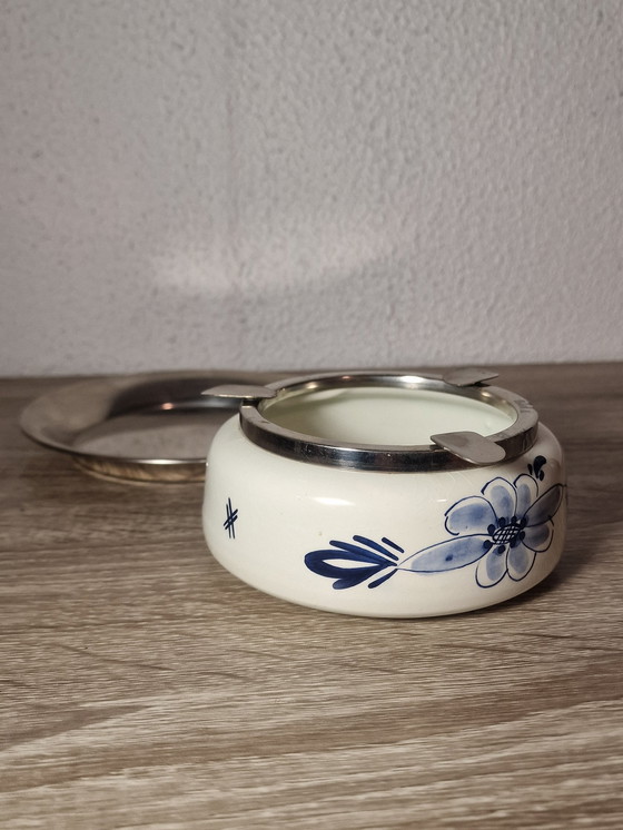 Image 1 of Zeldzame Delfts Blauw Dovo Holland Porseleinen Chrome Asbak