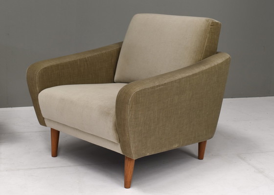 Image 1 of Vintage gebogen bank en fauteuil in origineel mohair