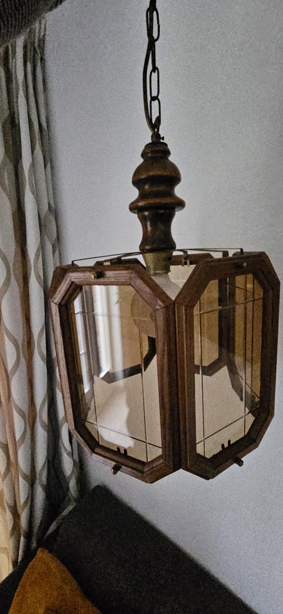Image 1 of Eikenhouten Hanglamp Met Rookglas Ruitjes 1960